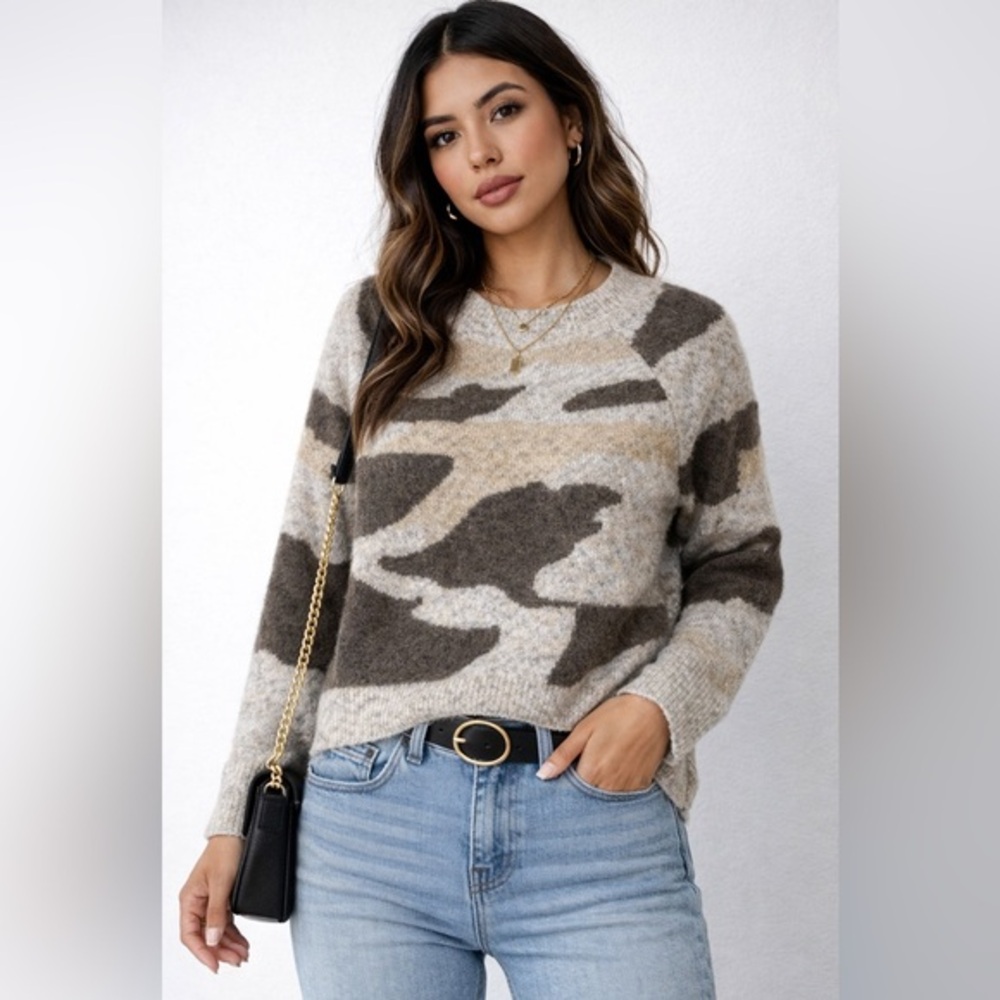 RD Style Camo Knit Sweater Neutral Beige Brown Crewneck Size XS/S